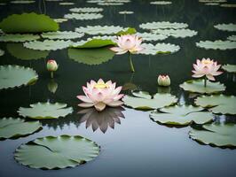 ein Gruppe von Rosa Wasser Lilien schwebend im ein Teich. ai generiert foto