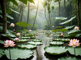 ein Teich gefüllt mit Wasser Lilien und Rosa Blumen. ai generiert foto