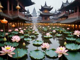 Lotus Blumen im ein Teich. ai generiert foto