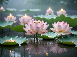 ein Gruppe von Rosa Lotusblumen schwebend im ein Teich. ai generiert foto