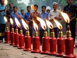 ein Gruppe von Menschen Stehen um ein Reihe von rot Feuer Exoren. ai generiert foto