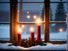 ein Kerze und Weihnachten Kranz sitzen im Vorderseite von ein Fenster. ai generiert foto