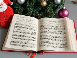 ein Weihnachten Musik- Buch mit ein Santa claus Spielzeug und ein rot Weihnachten Baum. ai generiert foto