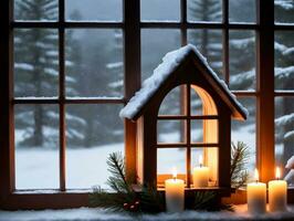 ein Kerze und ein Fenster mit Schnee auf Es. ai generiert foto