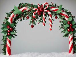 Weihnachten Dekorationen mit Süßigkeiten Stöcke und Stechpalme. ai generiert foto