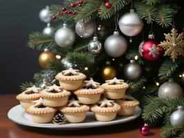 ein Teller von Kuchen auf ein Tabelle Nächster zu ein Weihnachten Baum. ai generiert foto