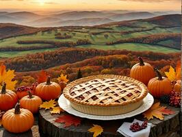 ein Kuchen auf ein Tabelle mit ein Aussicht von das Berge. ai generiert foto