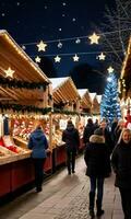 Foto von Weihnachten Weihnachten Markt Stände beim Nacht. ai generiert