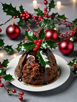 Foto von Weihnachten Weihnachten Pudding mit ein Zweig von Stechpalme. ai generiert