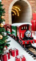 Foto von Weihnachten Spielzeug Zug gehen durch ein Tunnel von Geschenke. ai generiert