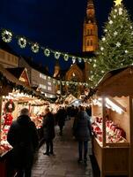 Foto von Weihnachten Weihnachten Markt Stände beim Nacht. ai generiert