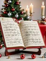 Foto von Weihnachten Weihnachten Liederbuch öffnen auf ein Stand. ai generiert