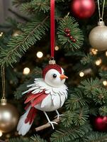 Foto von Weihnachten gefiedert Vogel Ornament auf ein Ast. ai generiert