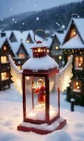 Foto von Weihnachten Engel Ornament mit Blick auf ein schneebedeckt Dorf mit ein zündete Laterne. ai generiert