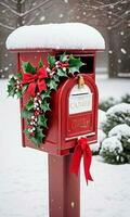 Foto von Weihnachten schneebedeckt Briefkasten gefüllt mit Süßigkeiten Stöcke und Stechpalme Blätter. ai generiert