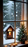 Foto von Weihnachten Kerzenlicht Fenster mit ein Aussicht von ein schneebedeckt Vogelhaus und Kiefer Baum. ai generiert