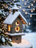 Foto von Weihnachten schneebedeckt Vogelhaus mit Fee Beleuchtung. ai generiert