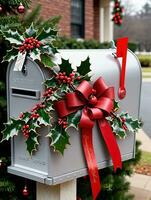 Foto von Weihnachten Stechpalme Geäst dekorieren ein Briefkasten gefüllt mit Weihnachten Karten und Bänder. ai generiert