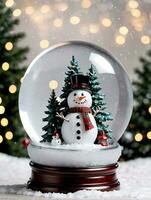 Foto von Weihnachten Schnee Globus mit ein Schneemann Kiefer Baum und Laterne. ai generiert