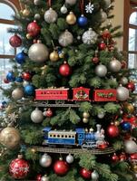 Foto von Weihnachten Kiefer Baum geschmückt mit Spielzeug Züge Kugeln und Schneeflocken. ai generiert
