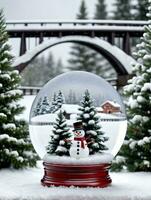 Foto von Weihnachten Schnee Globus mit ein Schneemann Kiefer Baum und schneebedeckt Brücke. ai generiert