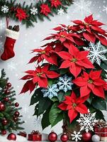 Foto von Weihnachten Weihnachtsstern Pflanze umgeben durch Schneeflocken und hängend Strümpfe. ai generiert