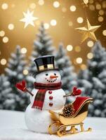 Foto von Weihnachten Schneemann halten ein golden Star und ein Schlitten. ai generiert