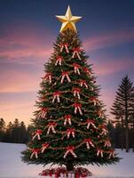 Foto von Weihnachten Kiefer Baum geschmückt mit Süßigkeiten Stöcke und golden Sterne gegen ein Dämmerung Himmel. ai generiert