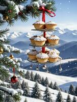 Foto von Weihnachten schneebedeckt Kiefer Baum mit hängend Hackfleisch Kuchen und klimpern Glocken gegen ein Hintergrund von entfernt schneebedeckt Berge. ai generiert