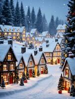 Foto von Weihnachten schneebedeckt Dorf mit zündete Fenster. ai generiert