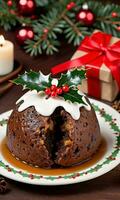 Foto von Weihnachten Weihnachten Pudding mit ein Zweig von Stechpalme. ai generiert