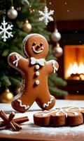 Foto von Weihnachten Schneeflocken fallen auf ein Lebkuchen Mann Stehen in der Nähe von ein Weihnachten Log im ein herzlich zündete Zimmer. ai generiert