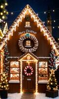 Foto von Weihnachten Lebkuchen Haus mit Fee Beleuchtung und ein Kranz auf das Tür im das Mitte von ein Weihnachten Markt. ai generiert
