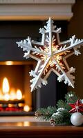 Weihnachten Star und Schneeflocken auf ein Kamin Mantel Innen- warm Beleuchtung Vorderseite Sicht. ai generiert foto