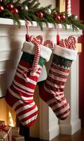Weihnachten Strümpfe gefüllt mit Süßigkeiten Stöcke Morgen Licht Innen- Nahaufnahme. ai generiert foto