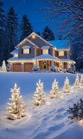 funkelnd Weihnachten Beleuchtung auf ein schneebedeckt Haus. ai generiert foto