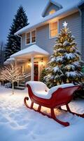 schneebedeckt Schlitten neben ein beleuchtet Weihnachten Baum Dämmerung draussen Garten weiter Winkel. ai generiert foto