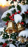 Weihnachten Glocken eingebettet im schneebedeckt Stechpalme Geäst Sonnenaufgang draussen Makro Schuss. ai generiert foto