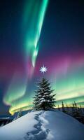 ein Weihnachten Star oben auf ein schneebedeckt Hügel mit Nord Beleuchtung leuchten das dunkel Himmel. ai generiert foto