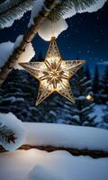 ein beleuchtet Star Ornament ruhen auf ein schneebedeckt Baum Ast fotografiert unter ein klar Nacht Himmel. ai generiert foto