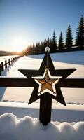 ein Star Ornament ruhen auf ein schneebedeckt Zaun mit das Sonnenaufgang Gießen lange Schatten. ai generiert foto