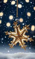 ein niedrig Winkel von ein Star Ornament hängend inmitten funkeln Beleuchtung und Schneeflocken gegen das Hintergrund von ein klar Nacht Himmel. ai generiert foto