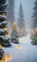 ein nebelig Abend Aussicht von ein schneebedeckt Wald mit Lichtungen geschmückt durch bunt Weihnachten Beleuchtung golden Sterne und Kränze. ai generiert foto