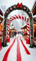 Foto von Weihnachten schneebedeckt Fußabdrücke führen zu ein Süßigkeiten Stock Bogen mit hängend Strümpfe beim das Eingang von ein festlich Markt. ai generiert