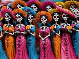 ein Gruppe von farbenfroh gemalt Skelette. ai generiert foto