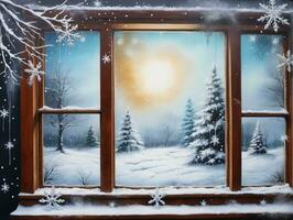 ein Fenster mit Schnee auf Es. ai generiert foto