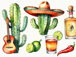 ein Aquarell Gemälde von ein Kaktus ein Flasche von Tequila und ein Flasche von Tequila. ai generiert foto
