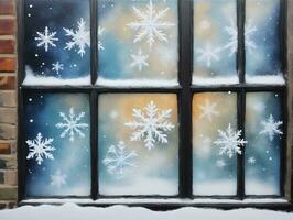 ein Fenster mit Schneeflocken auf Es. ai generiert foto