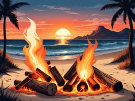 ein Lagerfeuer auf das Strand beim Sonnenuntergang. ai generiert foto