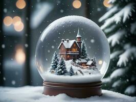 ein Schnee Globus mit ein Haus innen. ai generiert foto